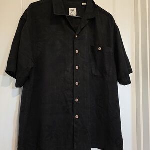 Brigata 100% silk black short sleeve shirt embossed nature pattern wood buttons